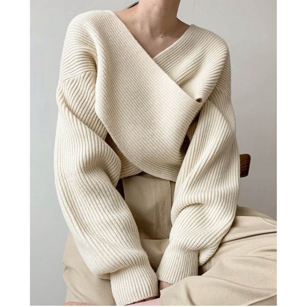 $398 Anou Sanna New York Ribbed Crossover Draped Cropped Wrap Sweater Designer M